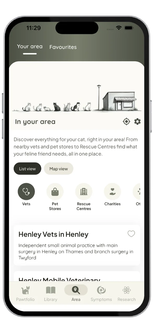 My Feline Your Area screen showing local cat services and vets