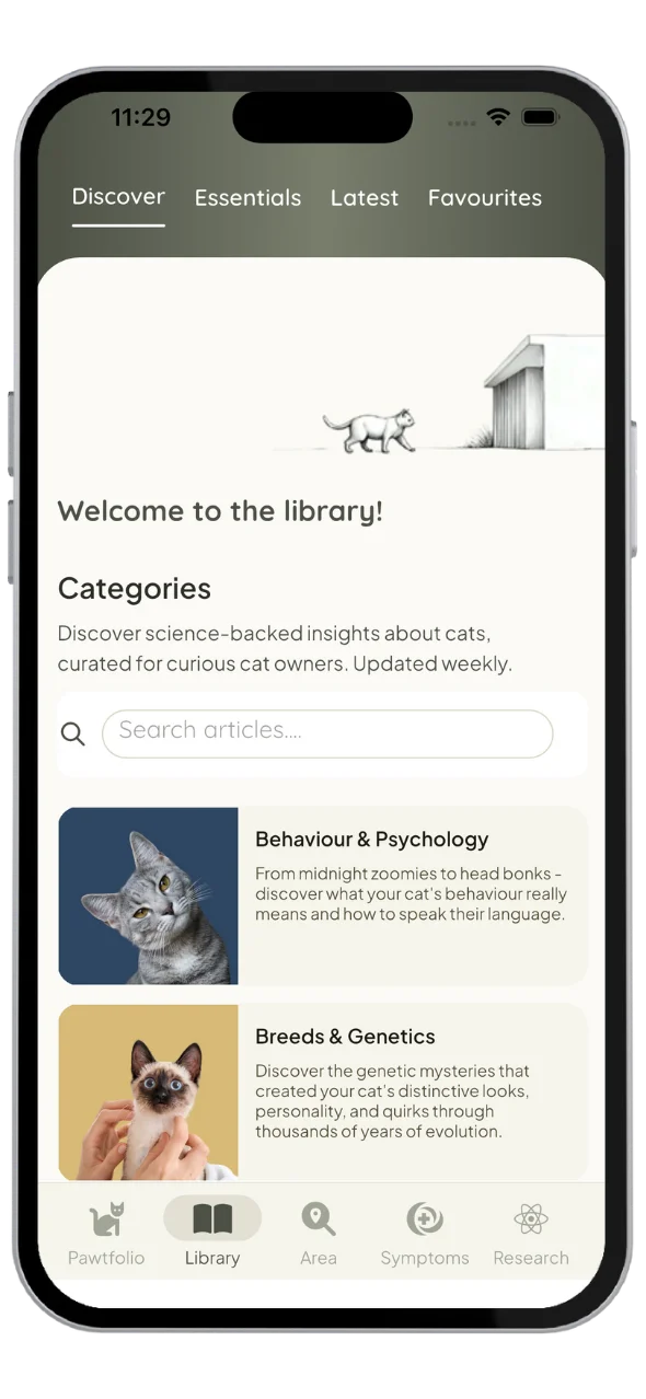 My Feline Library showing research-backed cat care articles by category