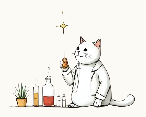 Illustration of a cat in a lab coat holding up a test tube