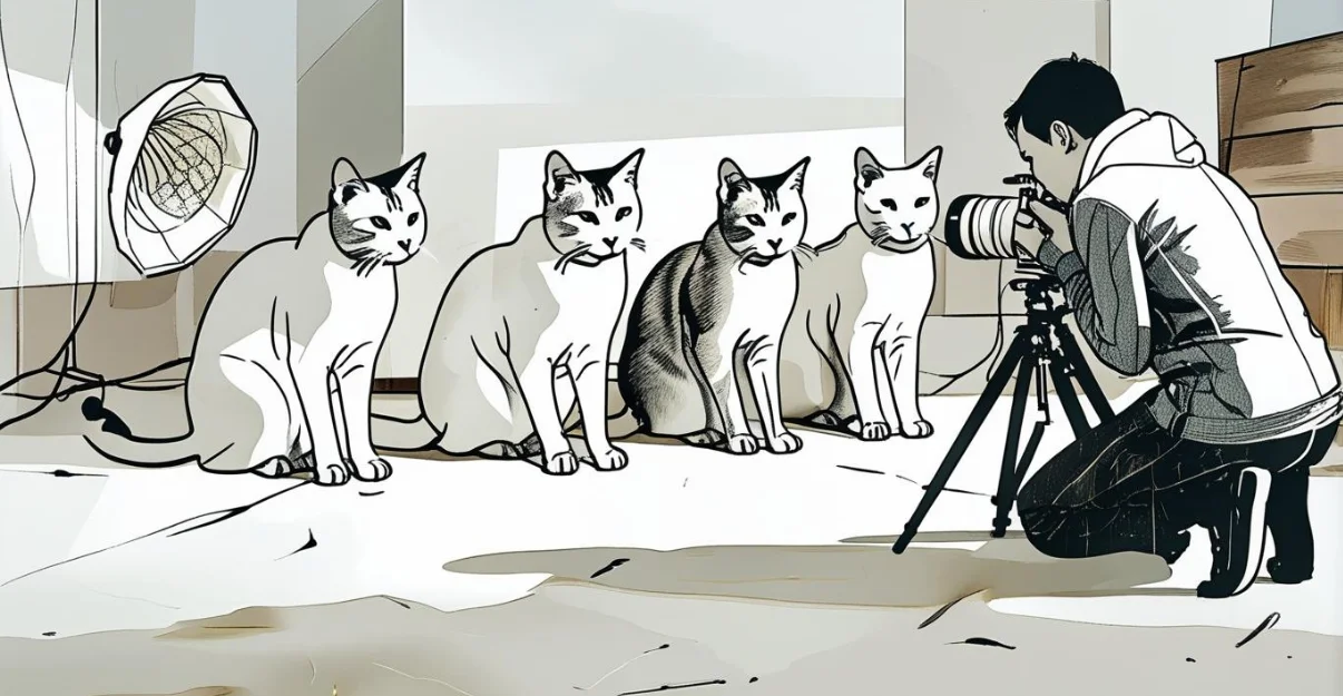 Illustration of cats being photographed in a studio