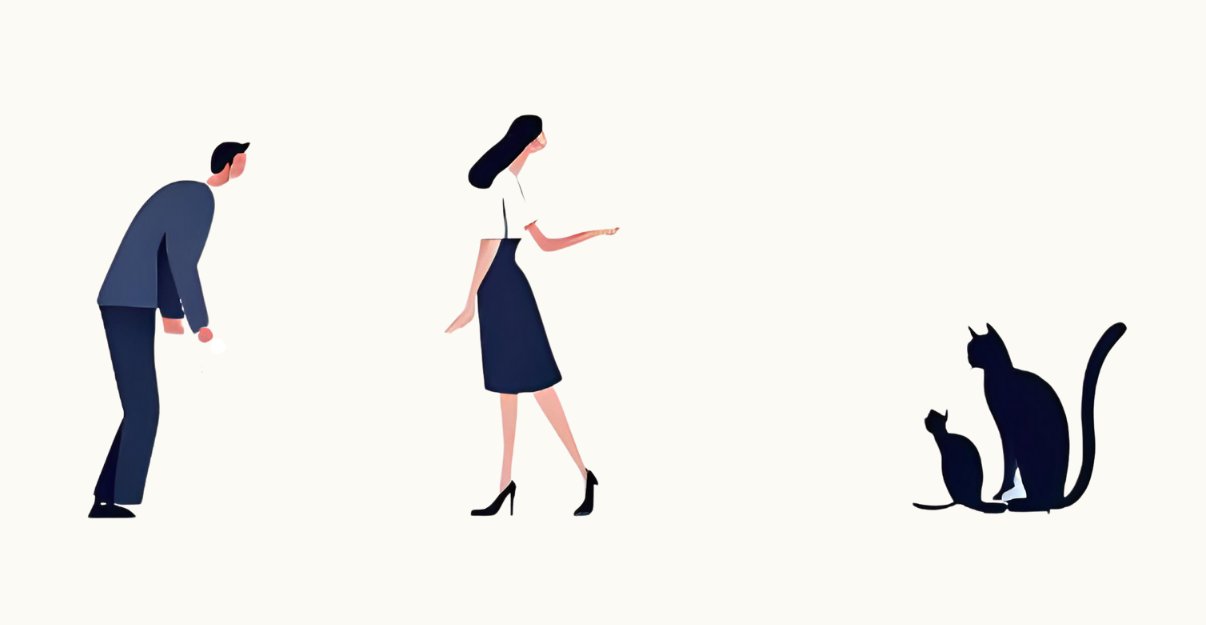 Illustration of two people greeting a cat