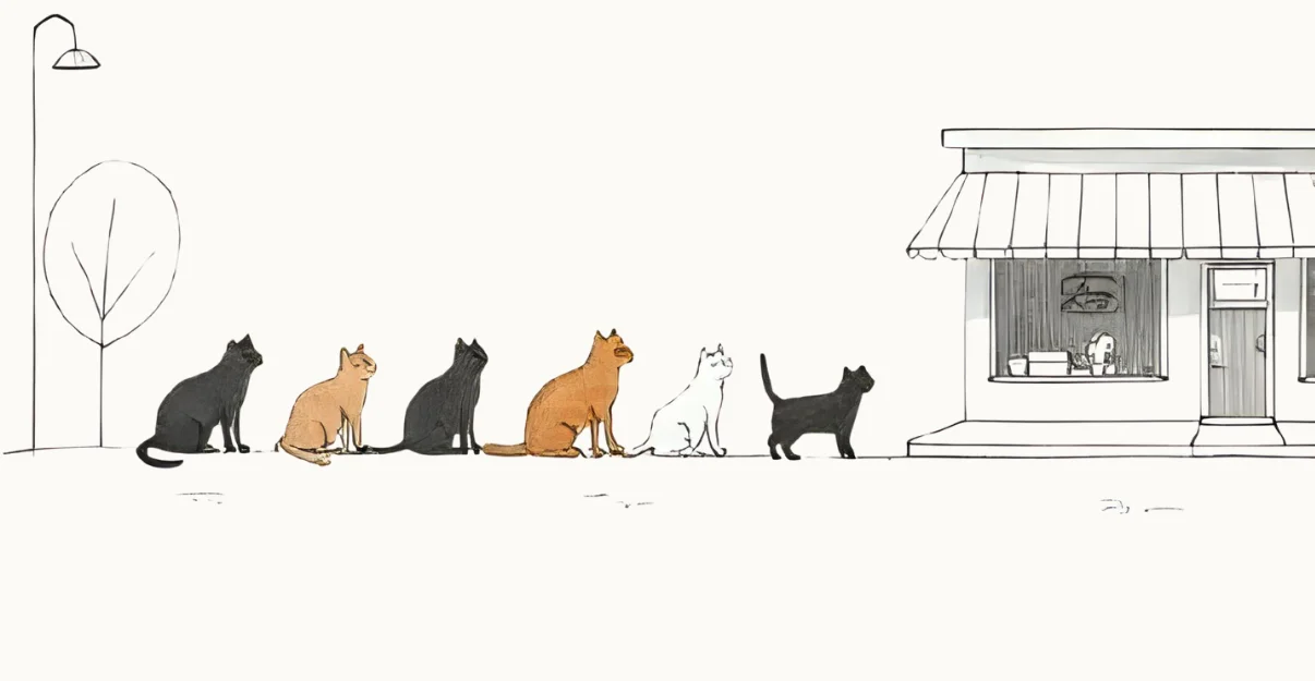 Illustration of cats queuing outside a pet shop