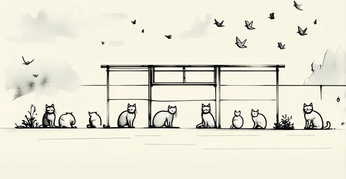 Illustration of cats at a rescue shelter