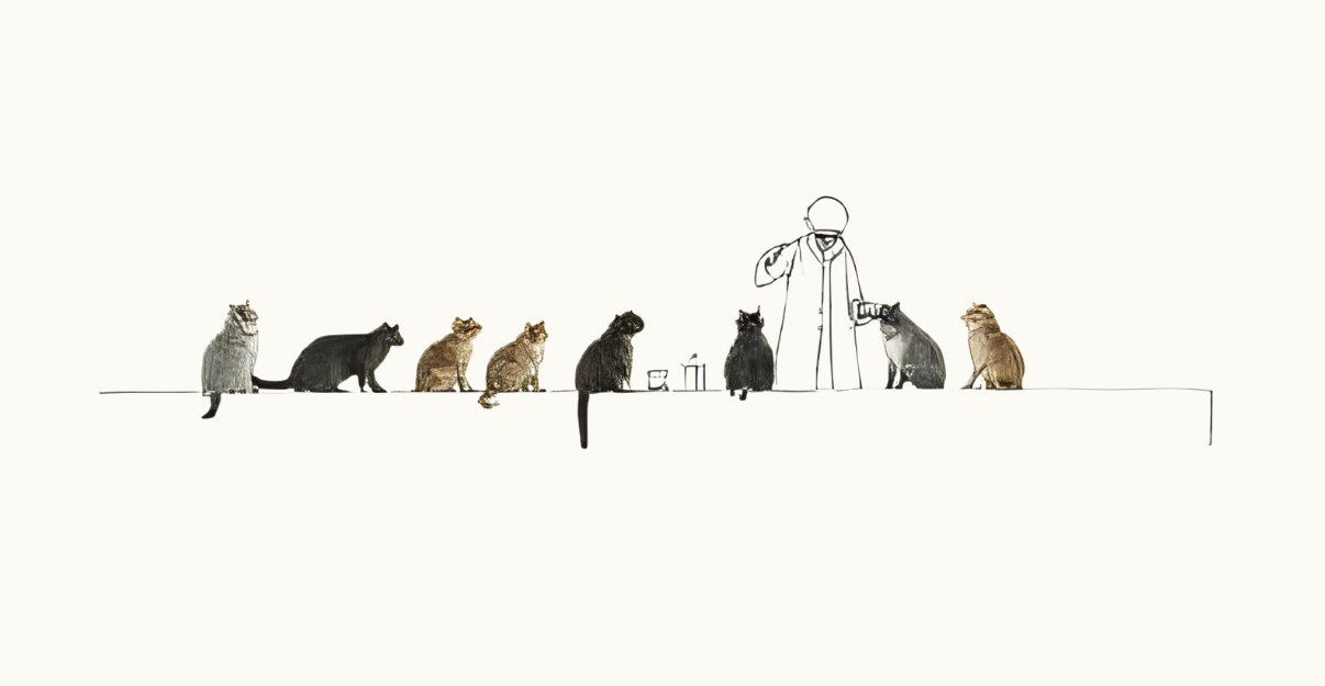 Illustration of cats gathered around a researcher, representing the My Feline approach to feline science